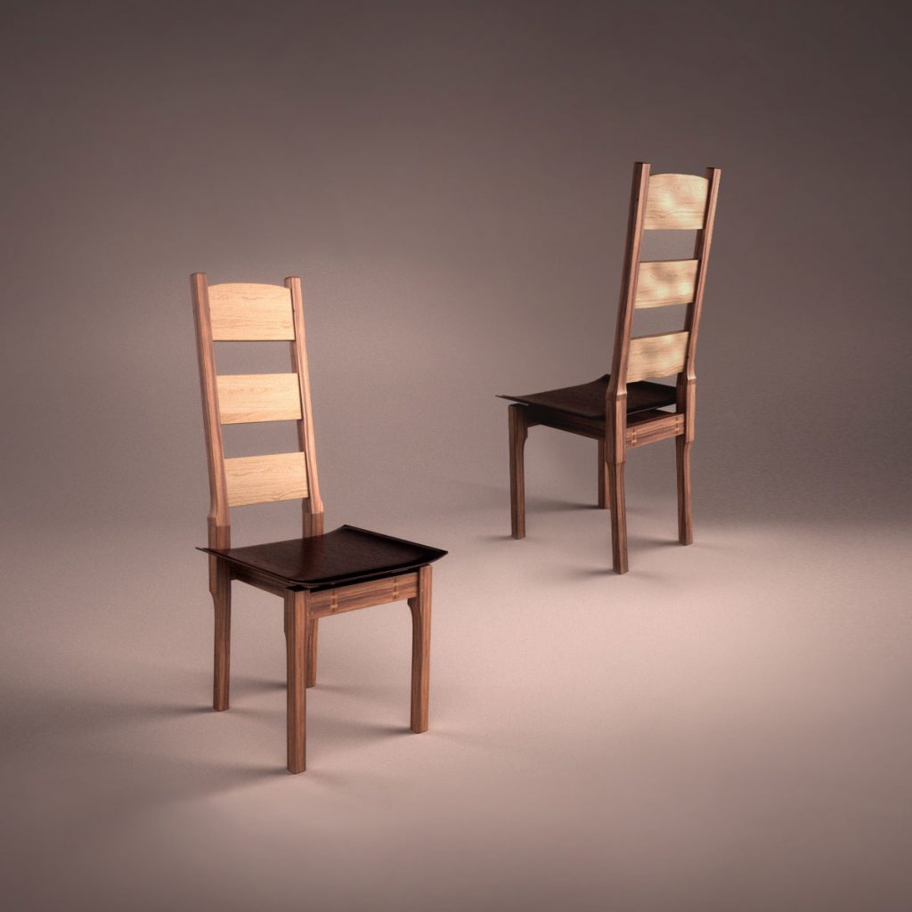 Dining chair in Elm with floating stitched leather seat.